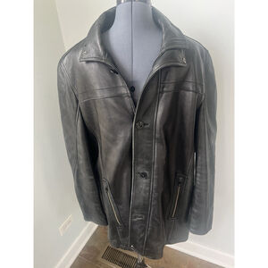 Andrew Marc New York Black Genuine Leather Car Coat Jacket Sz L Quilted Lining